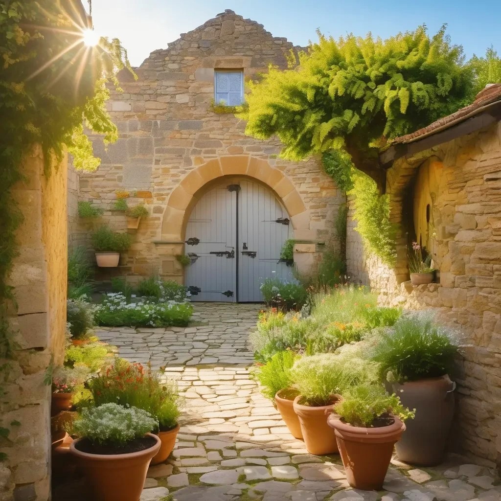 Sunlit stone courtyard with an arched blue door, cobblestone path, and potted plants