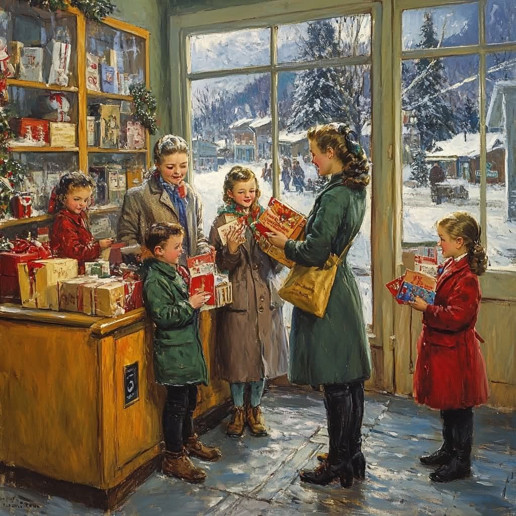 Oil painting of family in vintage winter store with snowy village scene through windows