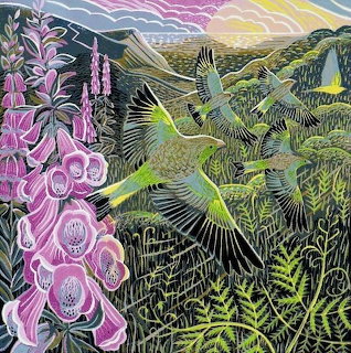 Colorful painting of finches flying near pink foxgloves over green ferns and hills