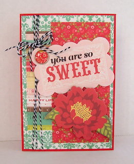 Handmade greeting card with floral patterns, red flower and 'you are so sweet' sentiment label