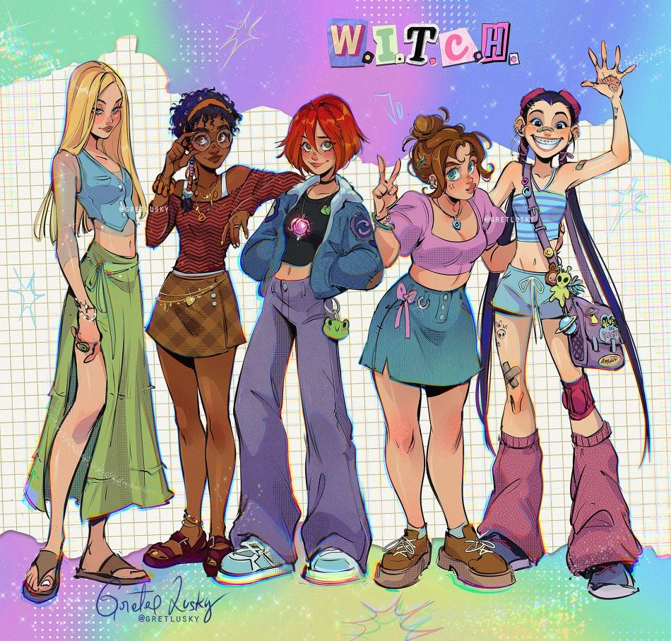 Five diverse teenage girls in casual clothes posing together, colorful gradient background with sparkles