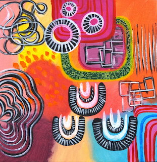 Colorful abstract art with geometric shapes, swirls, circles and rainbow patterns in retro 70s style