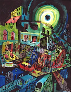 Colorful surreal illustration of a fantastical city with swirling celestial sky and busy streets