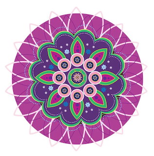 Circular mandala with purple petals and teal and pink geometric floral design in center