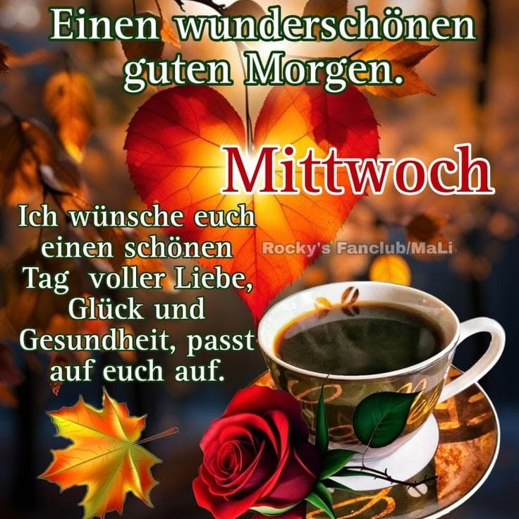 German good morning greeting with a coffee cup, red rose, autumn leaves, and warm glowing background
