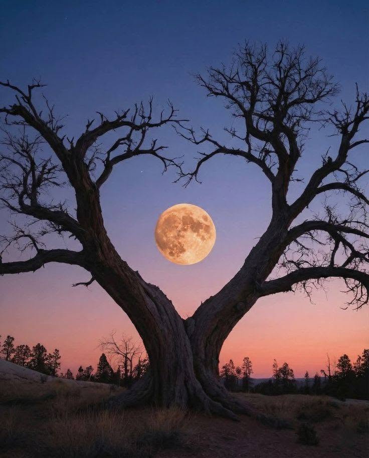 Leafless tree silhouetted at dusk with a full moon centered between its branches