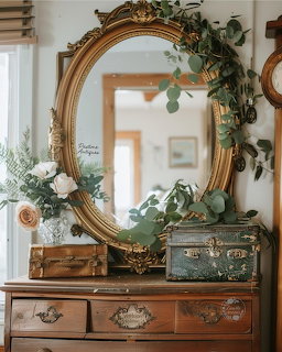 Ornate gold-framed vintage mirror on a wooden dresser, decorated with eucalyptus garland and dried flowers