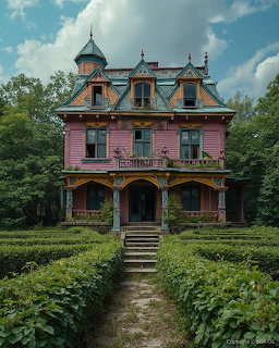 Abandoned pink Victorian mansion with an overgrown path and garden in front