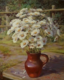 Painting of white daisies arranged in a brown ceramic jug on a wooden table in a garden