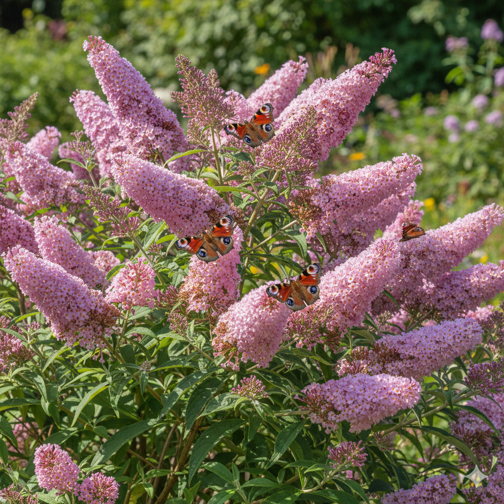Orange butterflies on pink buddleja flowers in a green garden