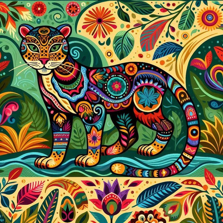 Ornate tiger decorated with colorful floral and geometric patterns in folk art style with botanical background