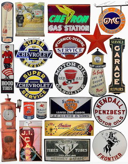 Collage of vintage gas station signs and automotive brand logos arranged on white background