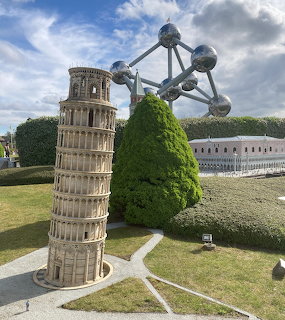 Miniature Leaning Tower of Pisa and Atomium models at Mini-Europe park in Brussels