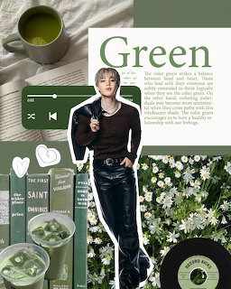 Green aesthetic collage with a young man, books, white flowers, matcha cup, and vinyl record