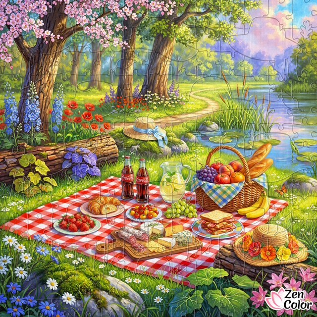 Picnic on a red checkered blanket beside a lake with flowers, fruit, bread, and blooming trees