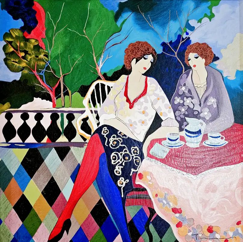 Art deco painting of two women in elegant dresses having tea on a patterned balcony with lush garden background