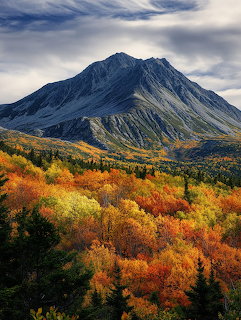 Rocky mountain peak rising above colorful autumn forest with orange and gold foliage under cloudy sky