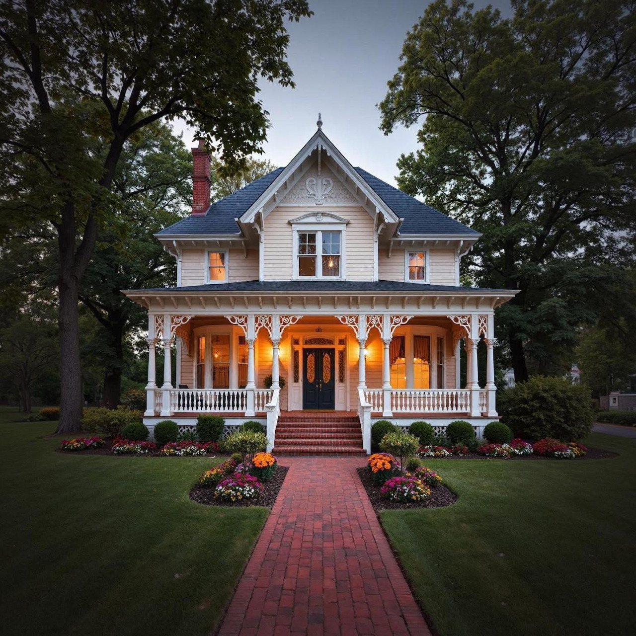 White Victorian house with wraparound porch and ornate details at dusk, surrounded by trees and manicured lawn