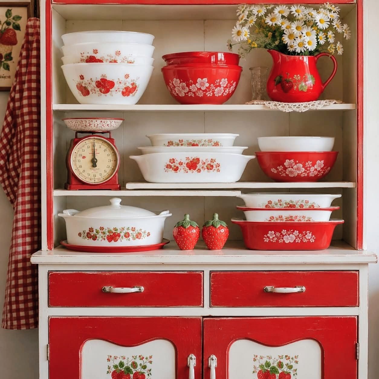 Vintage red and white strawberry-pattern cookware displayed on a kitchen cabinet shelf