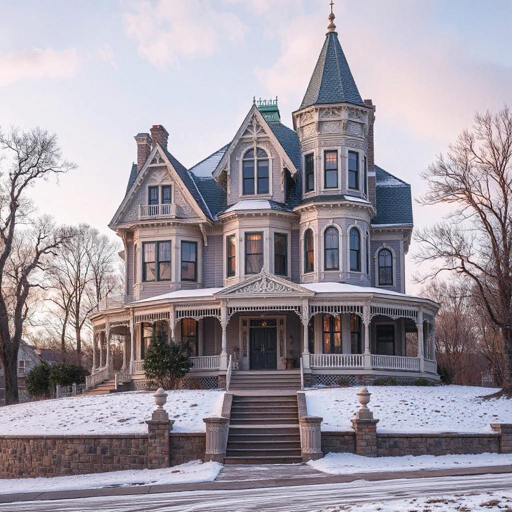 Grand Victorian mansion with turret and ornate porch covered in winter snow