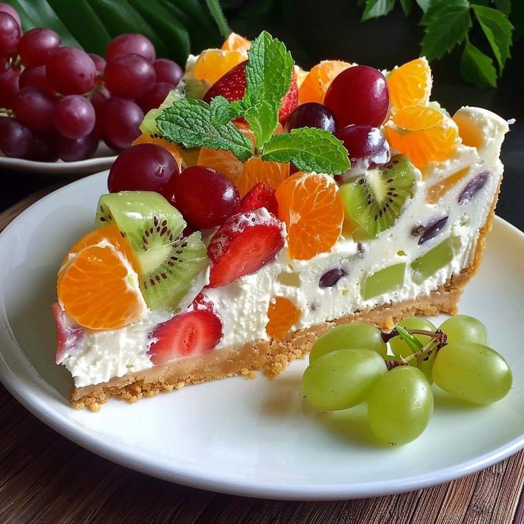 Slice of white cream cake topped with colorful fresh fruits including kiwi, orange segments, grapes, and strawberry with mint