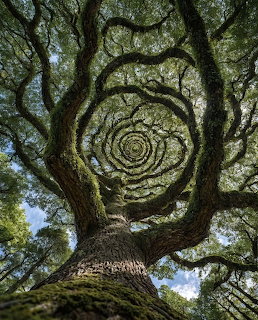 Tree branches spiraling inward from below, forming a circular vortex pattern against the sky