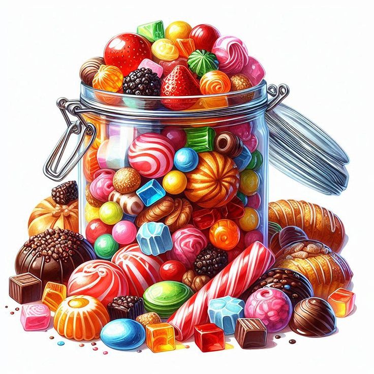 Illustration of a glass jar filled with colorful candies, lollipops, and chocolates