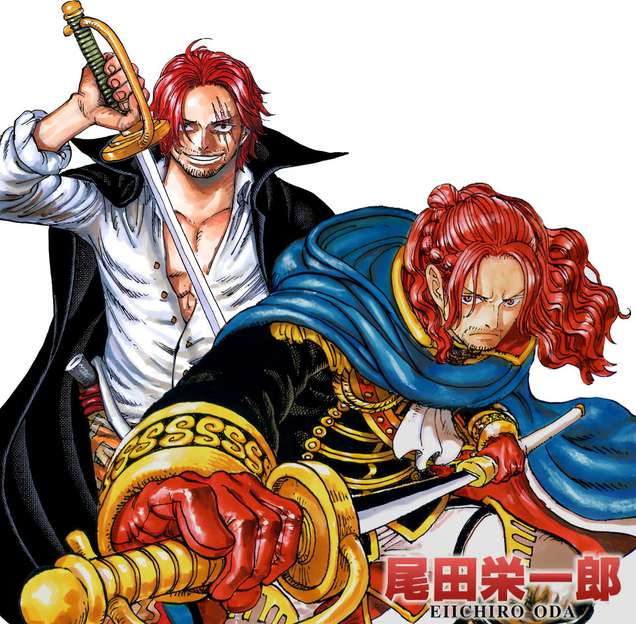 Two red-haired anime characters with swords and flowing capes in dynamic poses