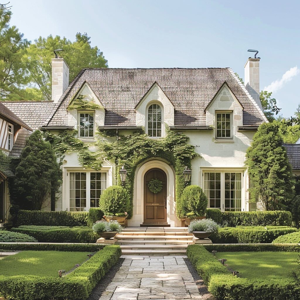 Cream-colored house with arched front door, trimmed hedges, and a stone walkway