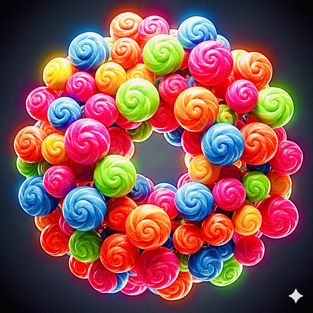 Bright wreath made of colorful swirled candies on a dark background