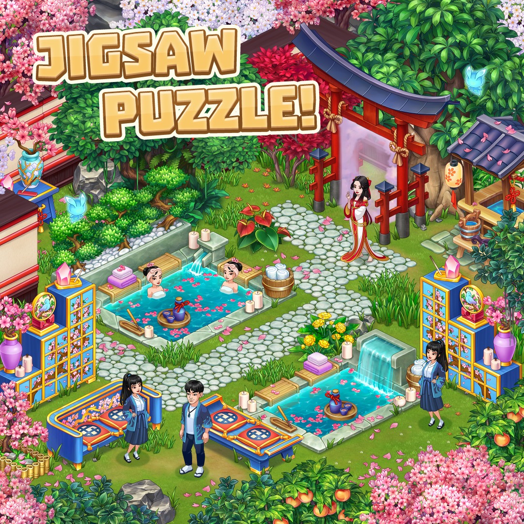 Colorful illustrated Japanese garden courtyard with cherry blossoms, pools, a red gate, and people