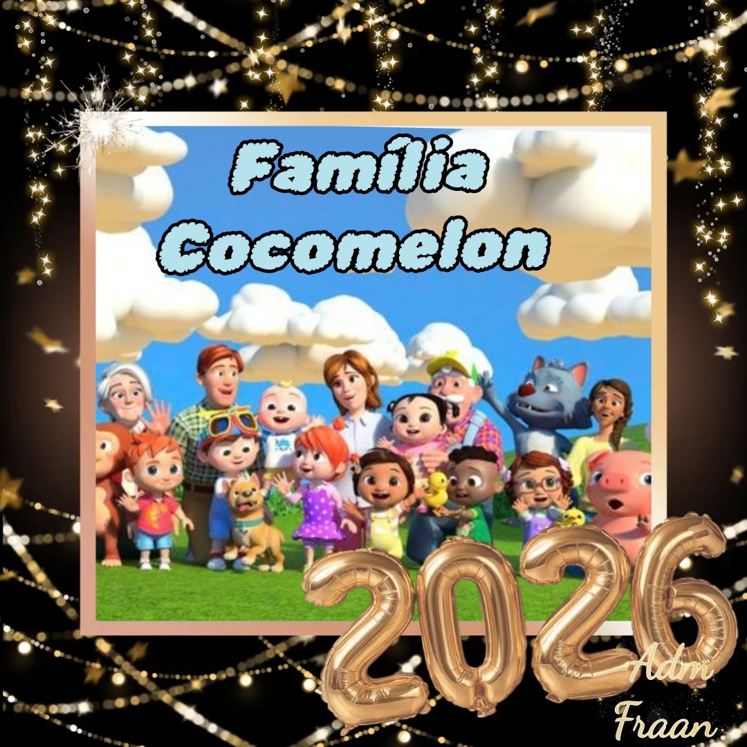 Cocomelon family characters in group arrangement with 2026 number balloons and sparkle frame