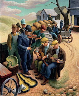 Rural painting of men gathered outside a farmhouse, with seated musicians playing instruments