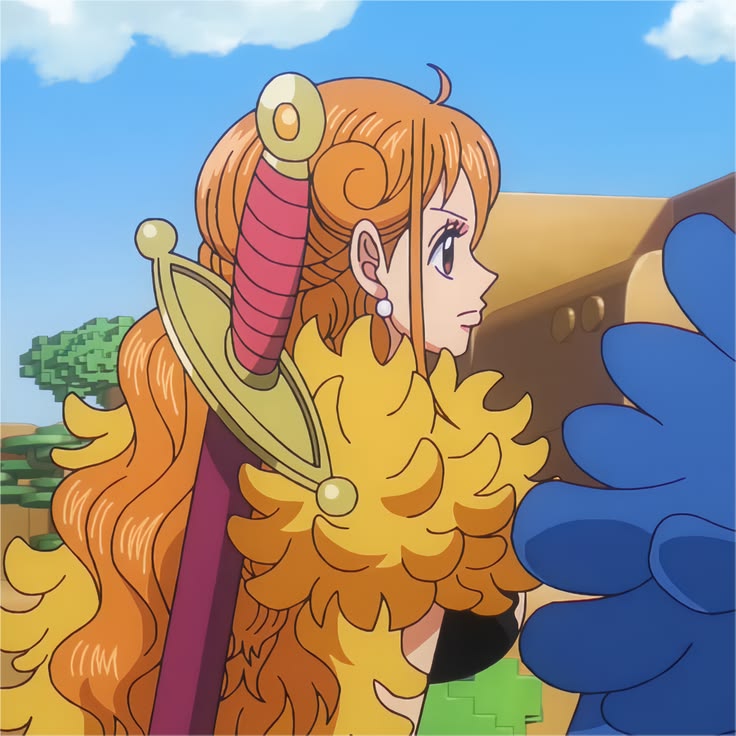 Anime girl with long orange hair wearing yellow outfit with blue sky background