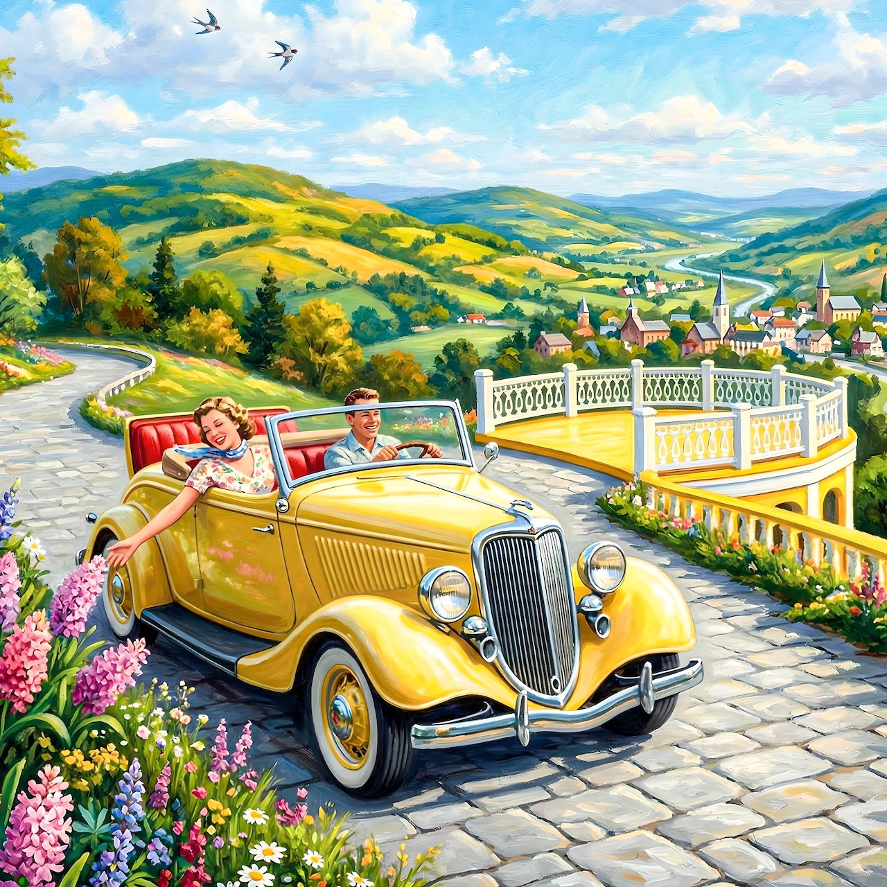 Yellow vintage convertible on countryside road with rolling green hills and village view