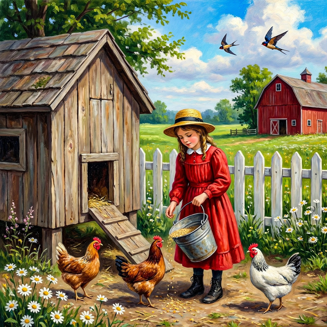 Girl in red dress feeding chickens near wooden coop and white fence on a farm