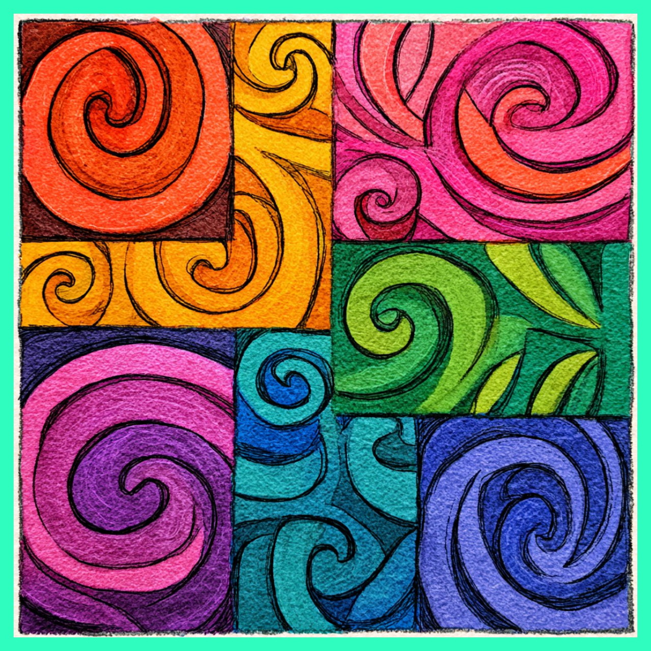 Grid of nine colorful spiral swirls in various bright colors with painted texture