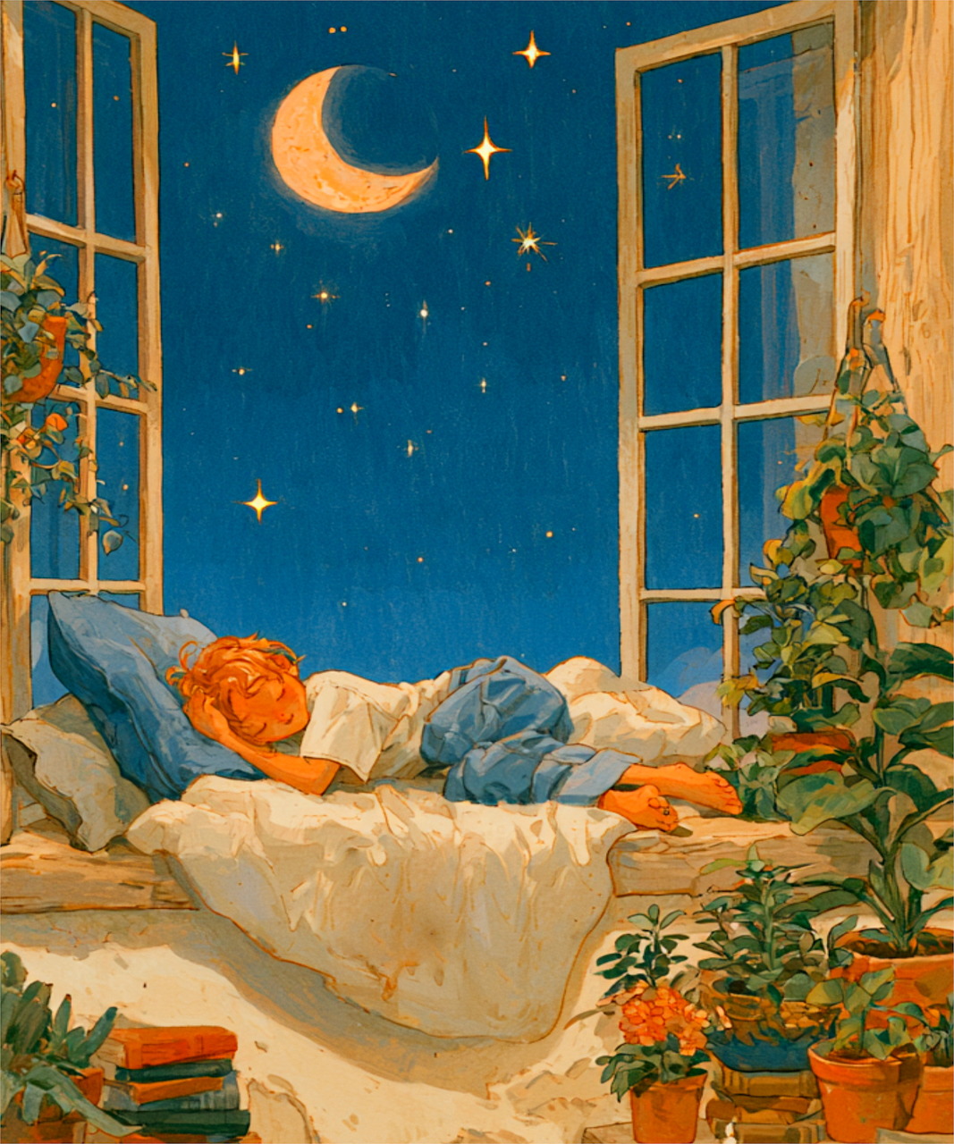Illustration of a child sleeping in bed by open windows under a crescent moon and stars