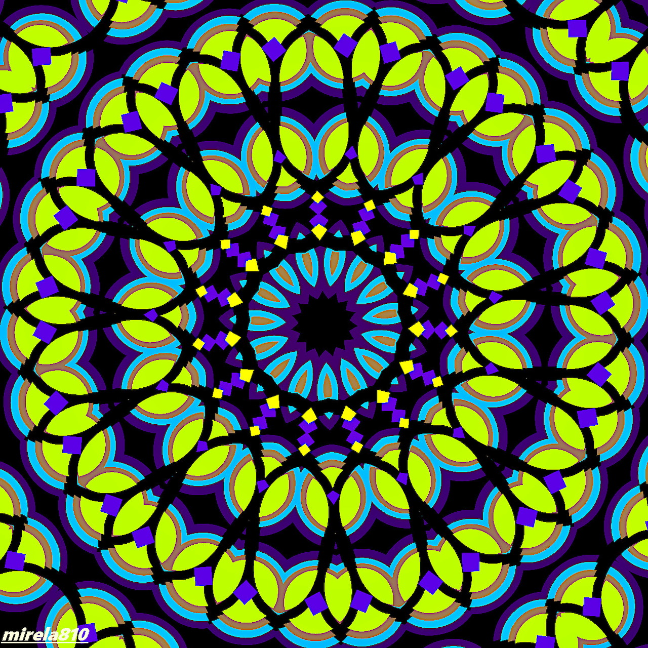 Colorful mandala with intricate geometric patterns radiating from center in bright yellow, blue and purple