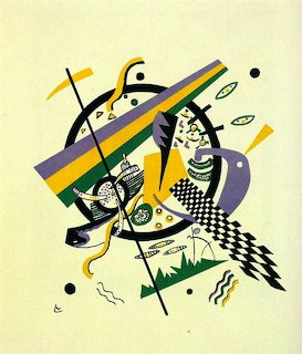 Abstract Kandinsky painting with colorful geometric shapes, lines, and checkerboard patterns