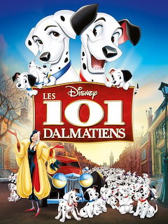 Disney's 101 Dalmatians movie poster with dalmatian dogs and puppies around red French title logo