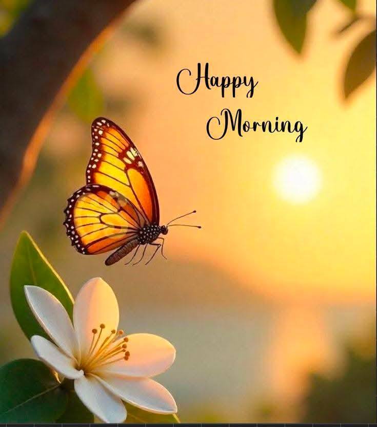 Orange butterfly above a white flower with a golden sunrise in the background and 'Happy Morning' text