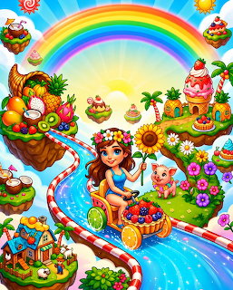 Cartoon girl in a fruit cart on a blue river in a colorful candy landscape with a rainbow overhead