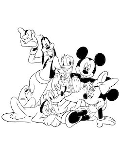 Black and white coloring page of Mickey Mouse, Minnie Mouse, Goofy, Donald Duck, and Pluto together
