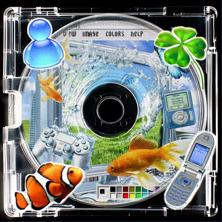 Frutiger Aero style collage of a CD case with fish, clover, flip phone, and blue disc