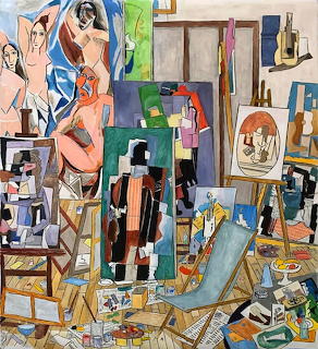 Vibrant painted interior of artist studio with easels, canvases, paintings and art supplies in cubist style