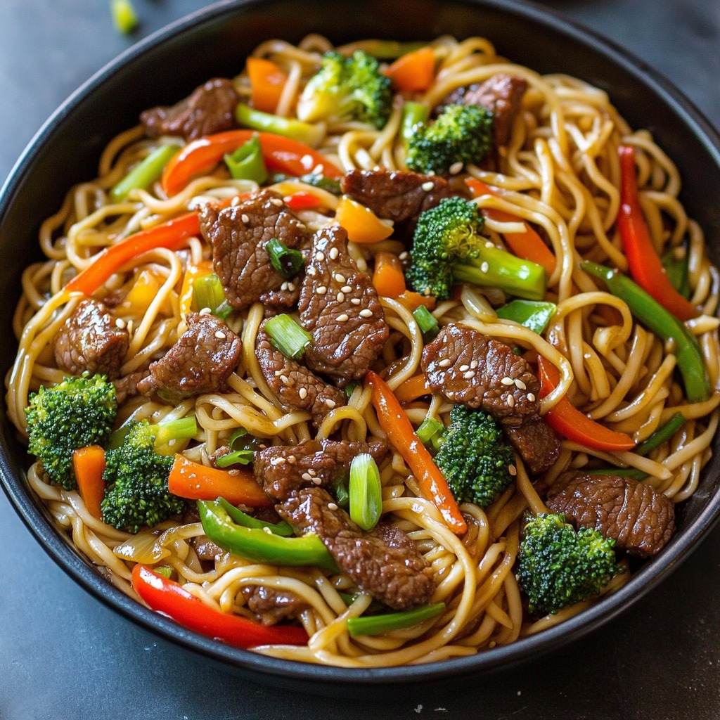 Bowl of beef noodles with broccoli, carrots, and bell peppers