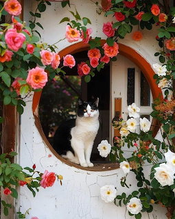 Black and white cat in a round window surrounded by blooming roses