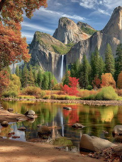 Yosemite Valley waterfall with autumn foliage and granite cliffs reflected in a calm river