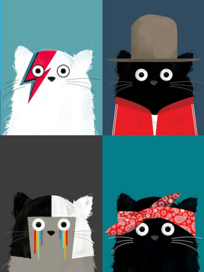 Illustration of four stylized cat portraits in a 2x2 grid with colorful costume-inspired designs